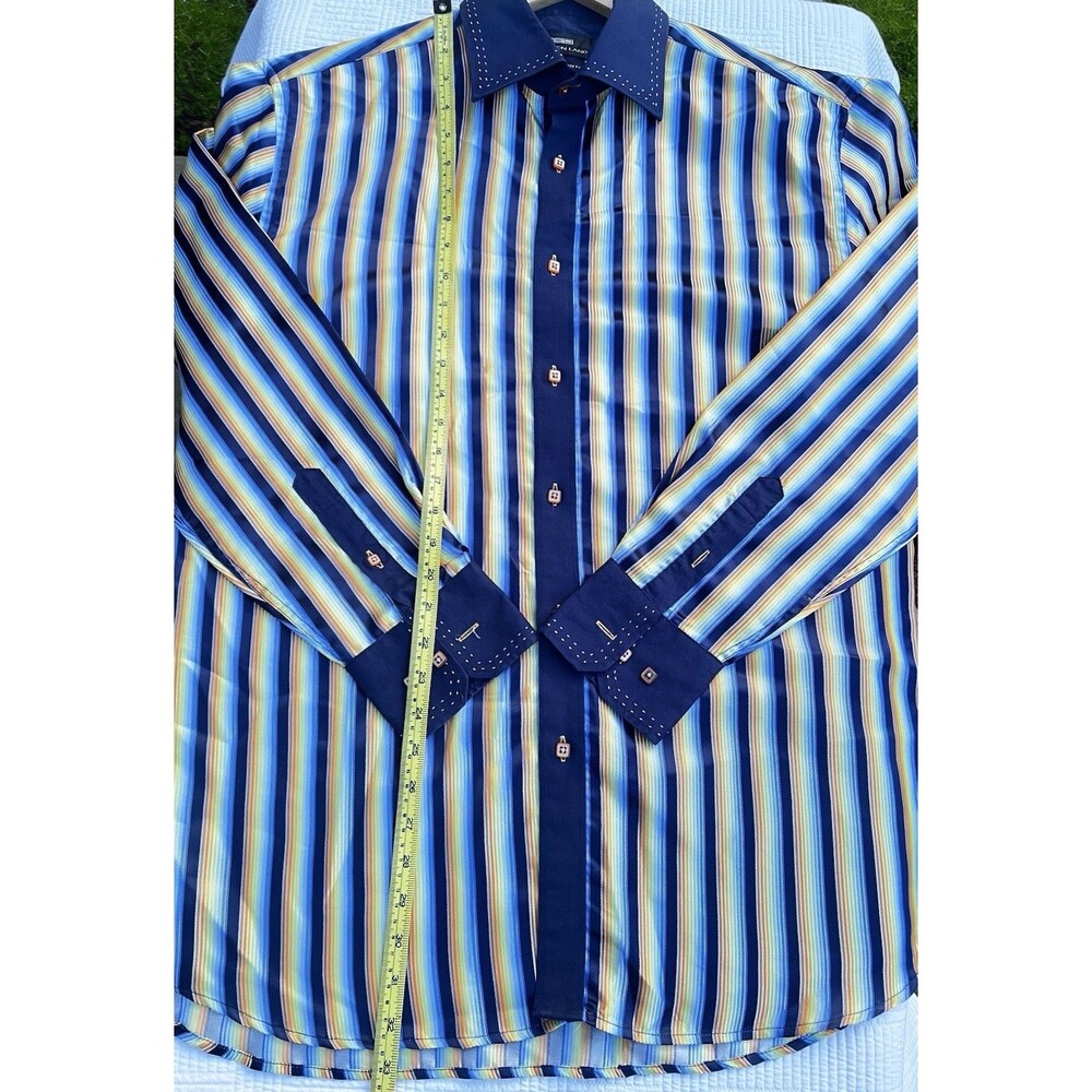 Steven Land XL Y2K Style Striped Dress Shirt Blue Contrast Collar Modern Fit